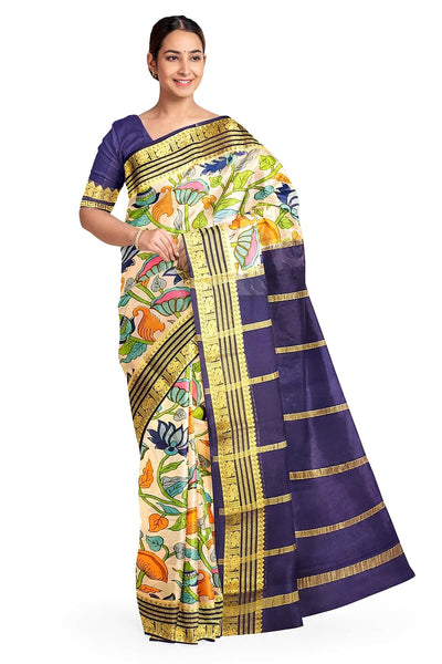 Printed Mysore crepe pure silk saree in off white