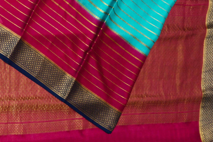 Mysore crepe pure silk saree in stripes  in pool blue & pink