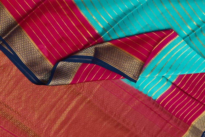 Mysore crepe pure silk saree in stripes  in pool blue & pink