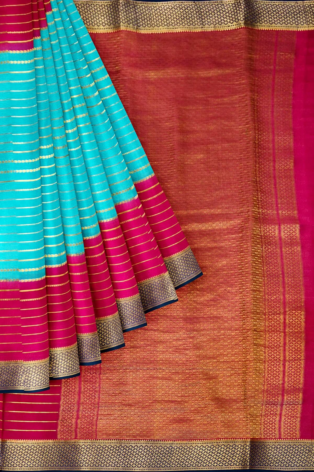 Mysore crepe pure silk saree in stripes  in pool blue & pink