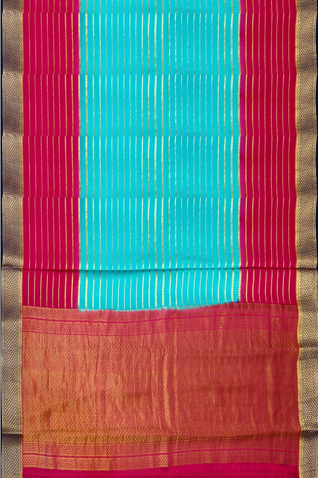 Mysore crepe pure silk saree in stripes  in pool blue & pink