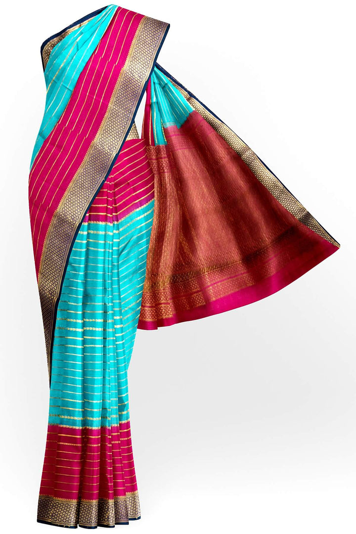 Mysore crepe pure silk saree in stripes  in pool blue & pink