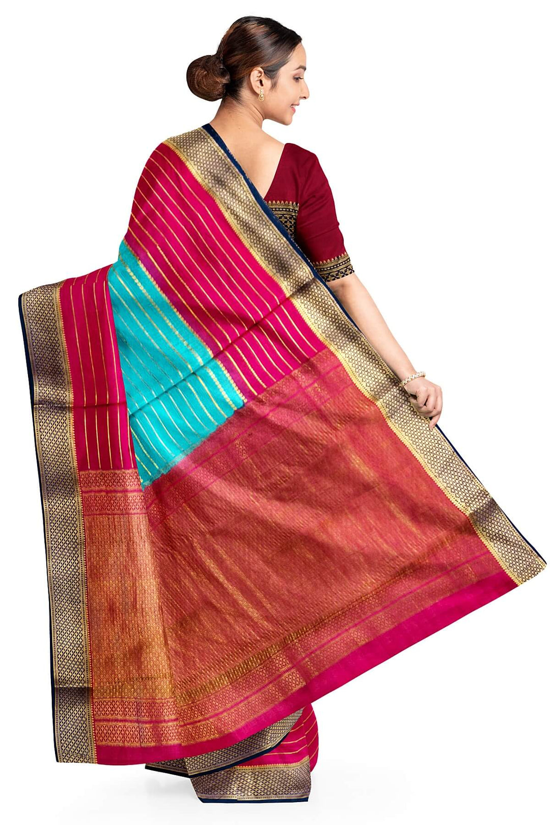 Mysore crepe pure silk saree in stripes  in pool blue & pink