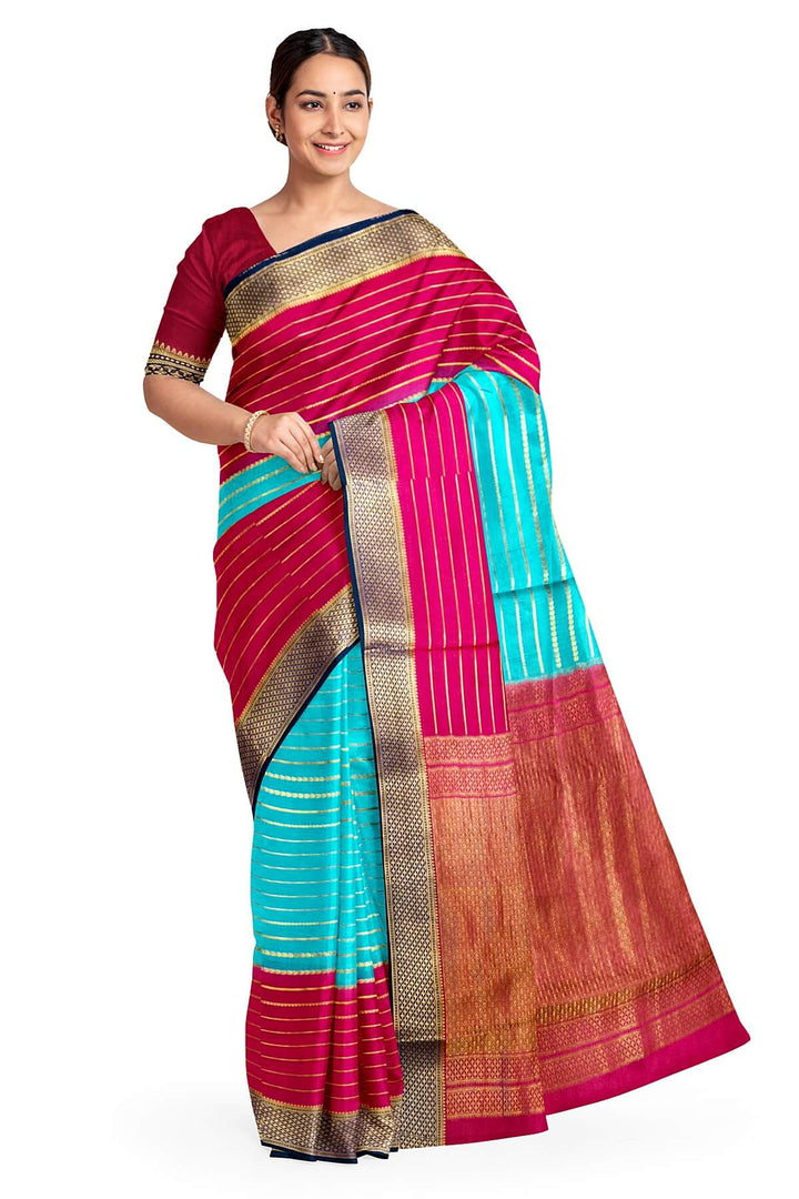 Mysore crepe pure silk saree in stripes  in pool blue & pink
