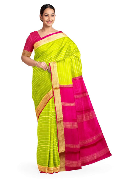 Mysore crepe pure silk saree in stripes  in parrot green