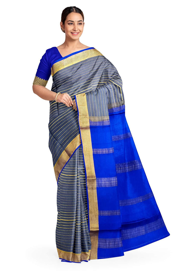 Mysore crepe pure silk saree in stripes  in grey