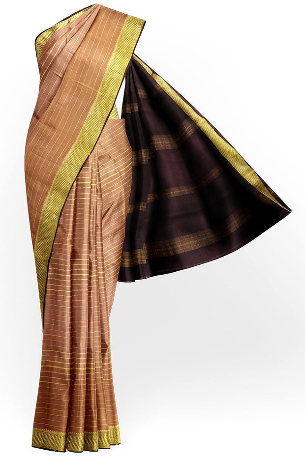 Mysore crepe pure silk saree in stripes  in chickoo colour