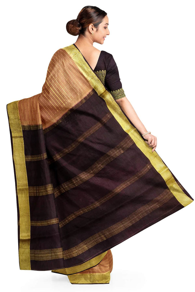 Mysore crepe pure silk saree in stripes  in chickoo colour