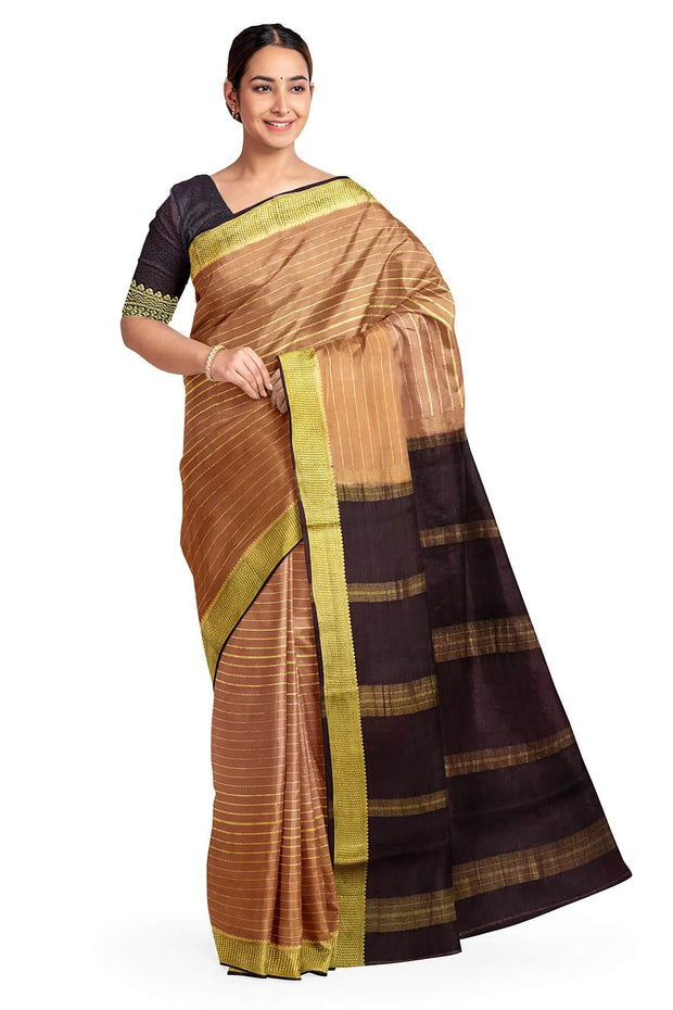 Mysore crepe pure silk saree in stripes  in chickoo colour