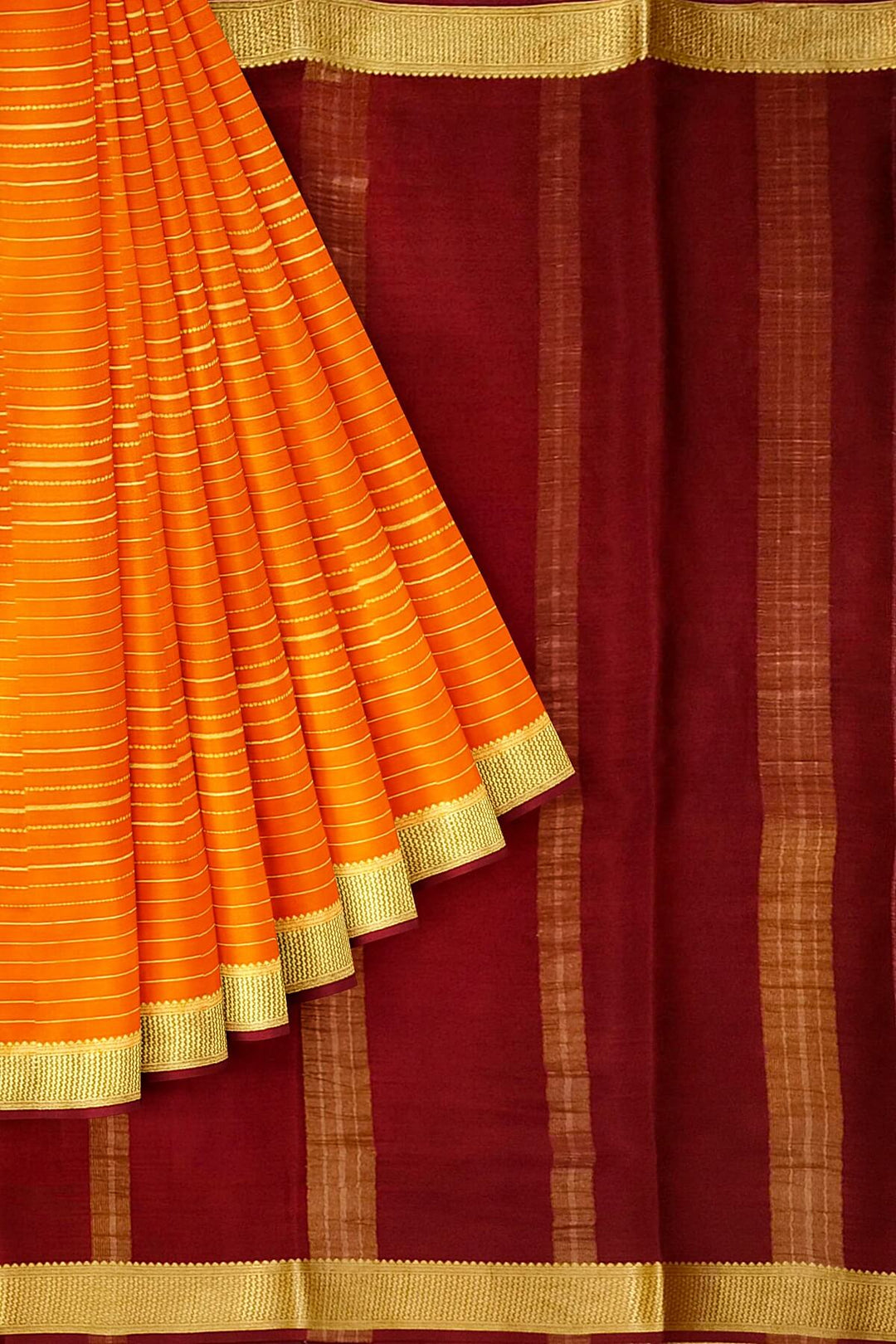 Mysore crepe pure silk saree in stripes  in orange