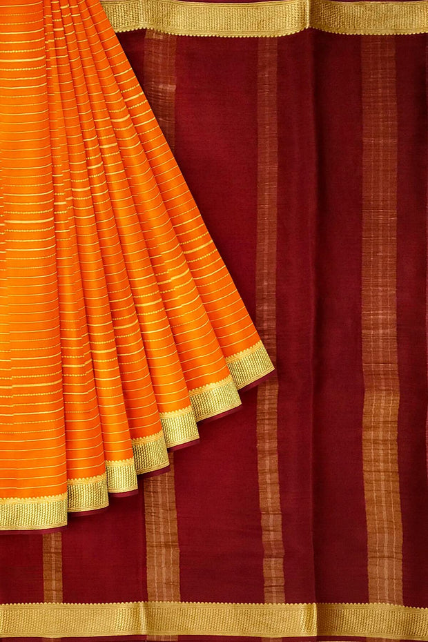 Mysore crepe pure silk saree in stripes  in orange