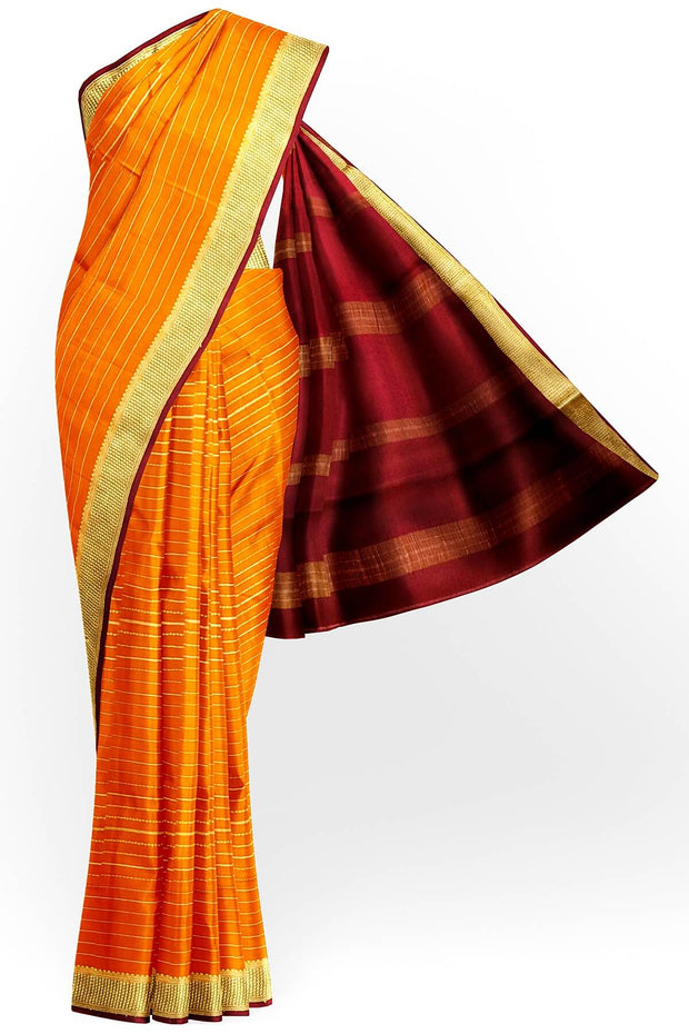 Mysore crepe pure silk saree in stripes  in orange