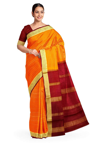 Mysore crepe pure silk saree in stripes  in orange