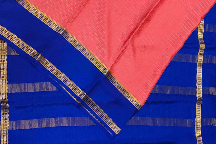 Mysore crepe pure silk saree in checks in strawberry pink