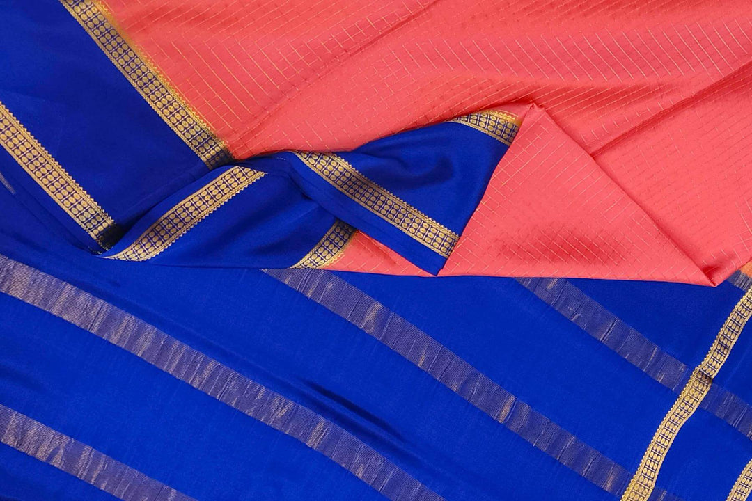 Mysore crepe pure silk saree in checks in strawberry pink