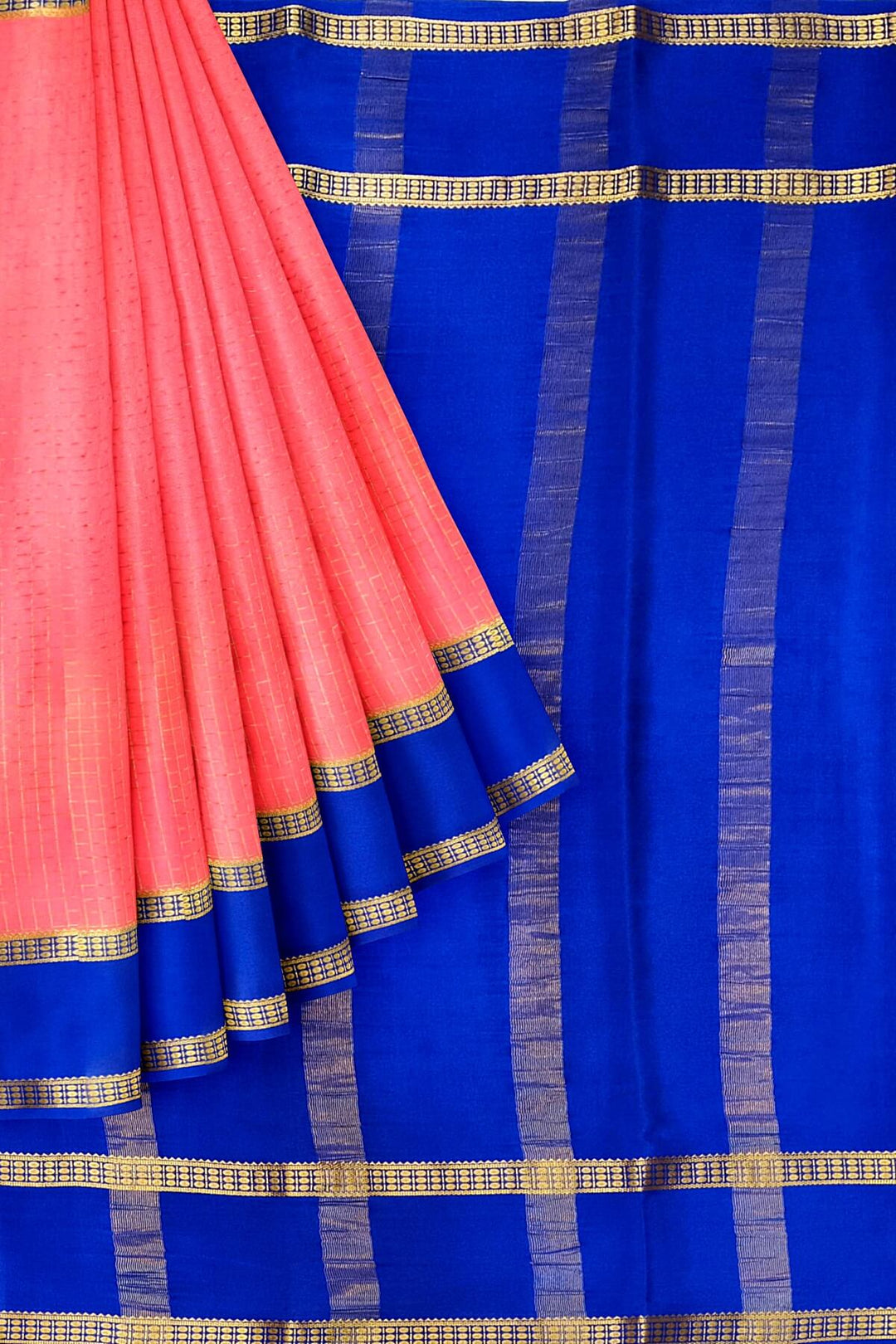 Mysore crepe pure silk saree in checks in strawberry pink