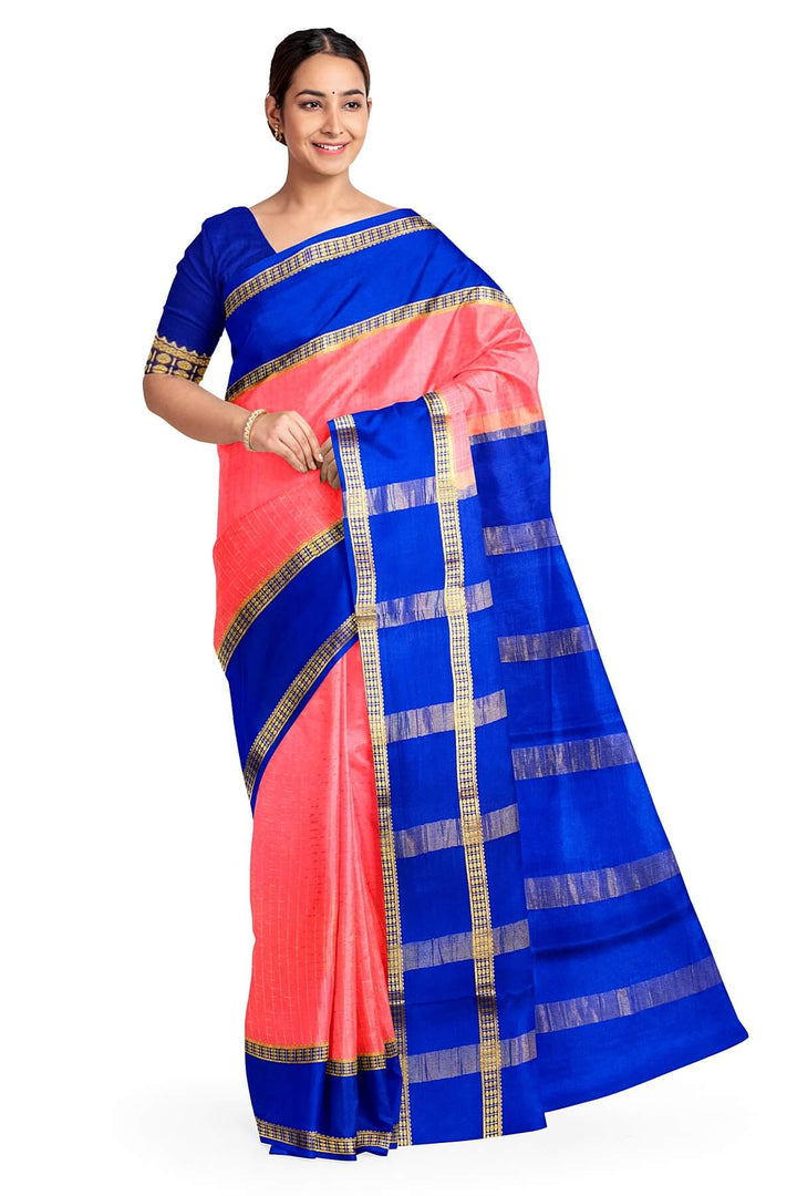 Mysore crepe pure silk saree in checks in strawberry pink