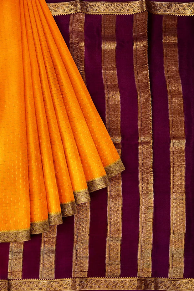 Mysore crepe pure silk saree in  step pattern  in orange