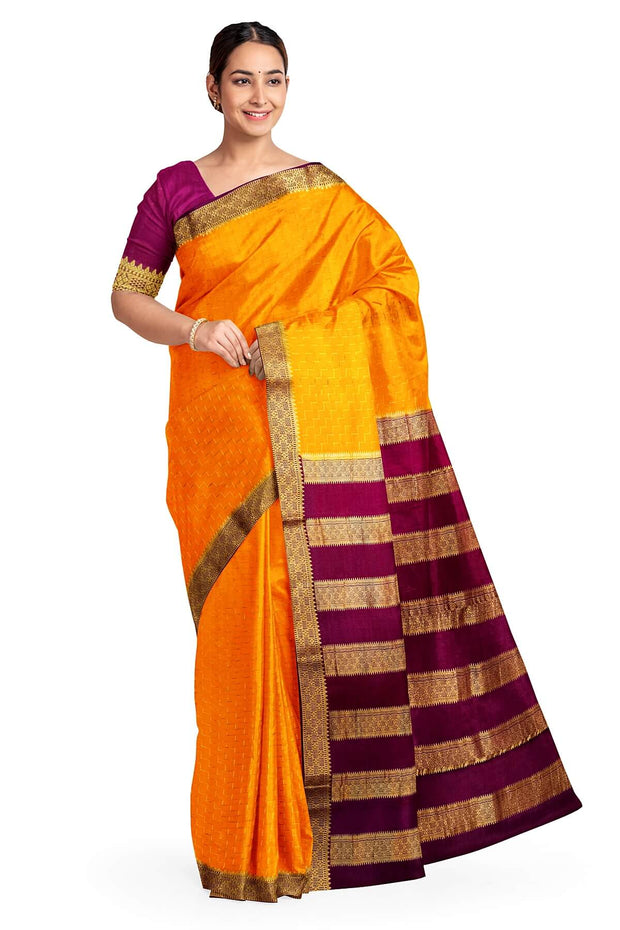 Mysore crepe pure silk saree in  step pattern  in orange