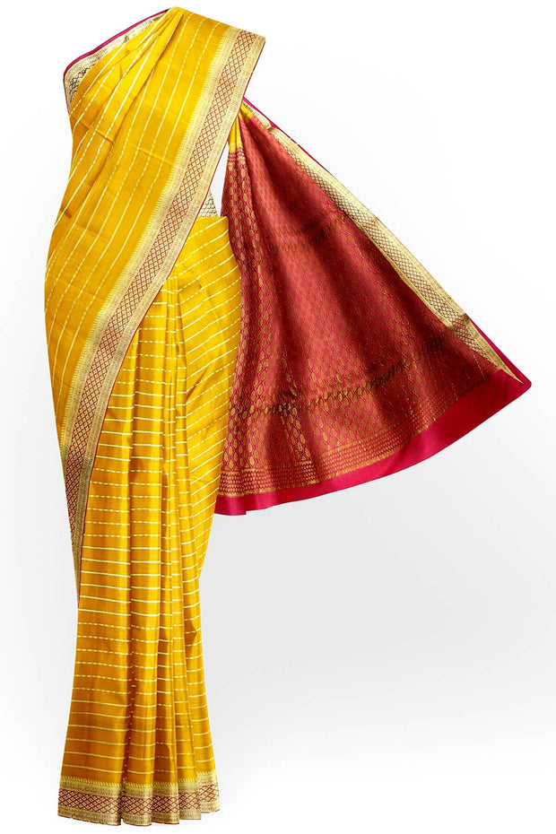 Mysore crepe pure silk saree in  stripes  in mustard