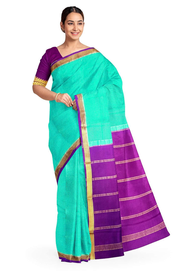 Mysore crepe pure silk saree in teal with binny checks