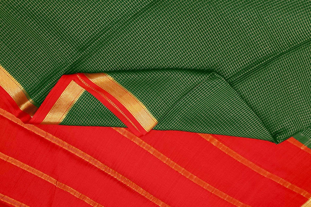 Mysore crepe pure silk saree in dark green with binny checks