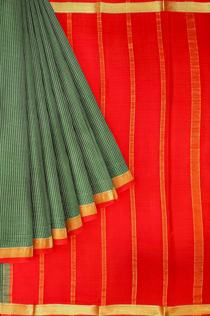 Mysore crepe pure silk saree in dark green with binny checks