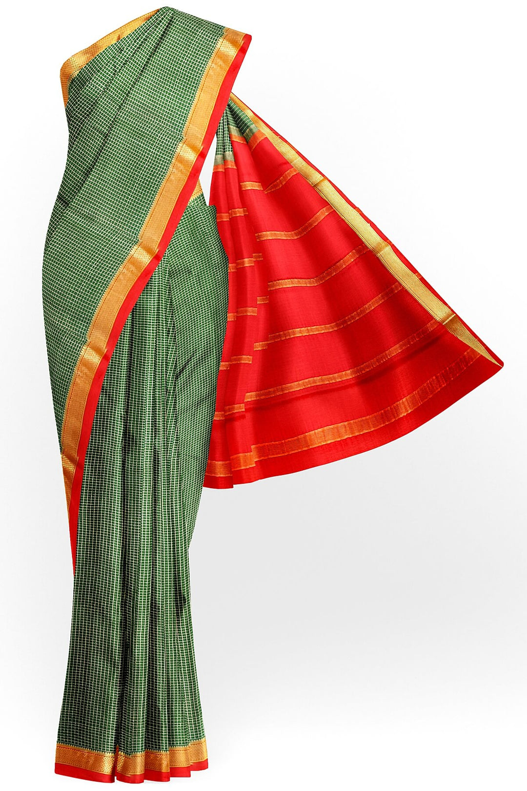 Mysore crepe pure silk saree in dark green with binny checks