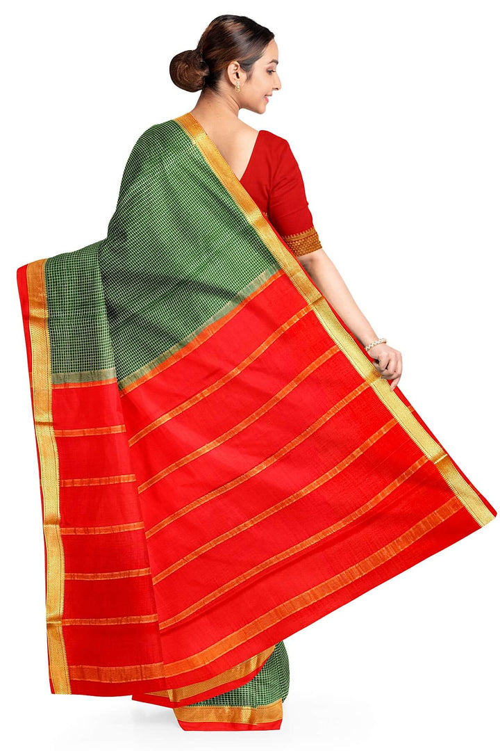 Mysore crepe pure silk saree in dark green with binny checks