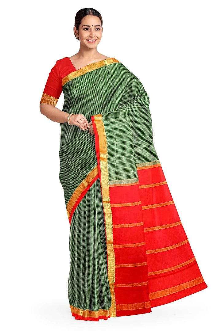 Mysore crepe pure silk saree in dark green with binny checks