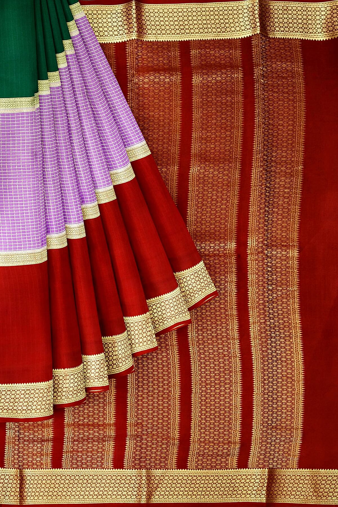 Mysore crepe pure silk saree in 3D ( green, lavender & maroon)