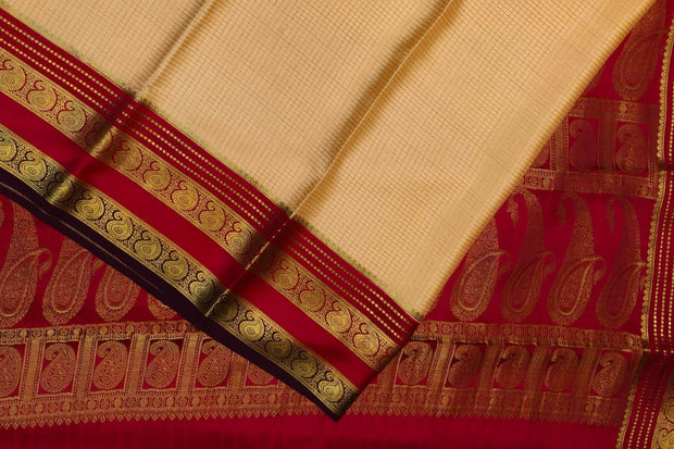 Mysore crepe pure silk saree in light peach with small checks
