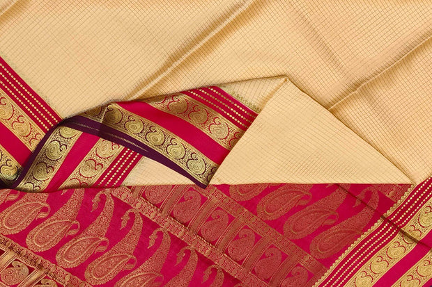 Mysore crepe pure silk saree in light peach with small checks