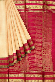 Mysore crepe pure silk saree in light peach with small checks