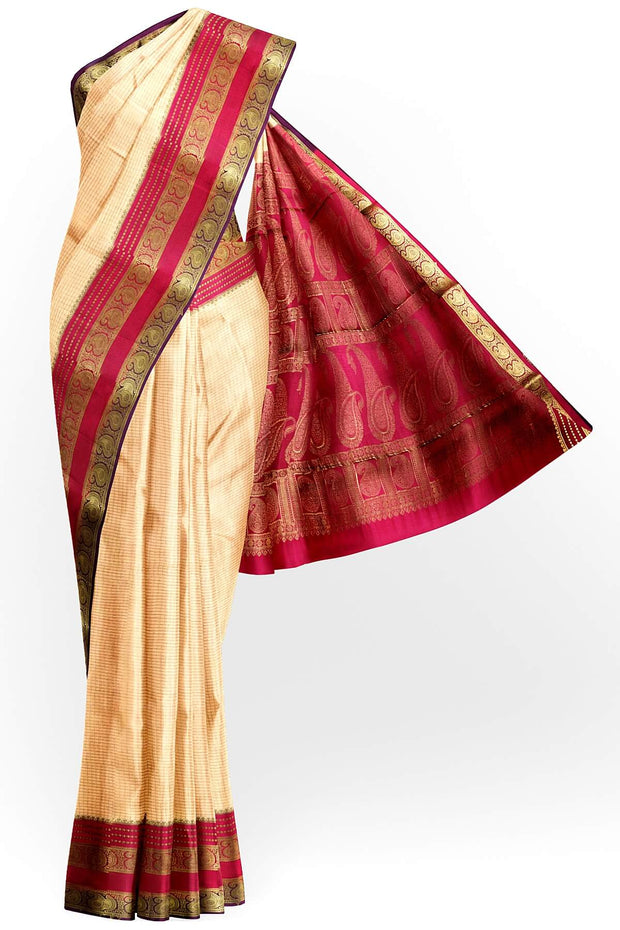 Mysore crepe pure silk saree in light peach with small checks