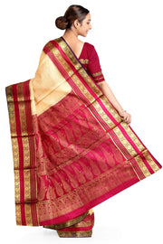 Mysore crepe pure silk saree in light peach with small checks