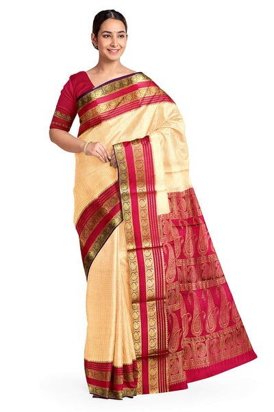 Mysore crepe pure silk saree in light peach with small checks