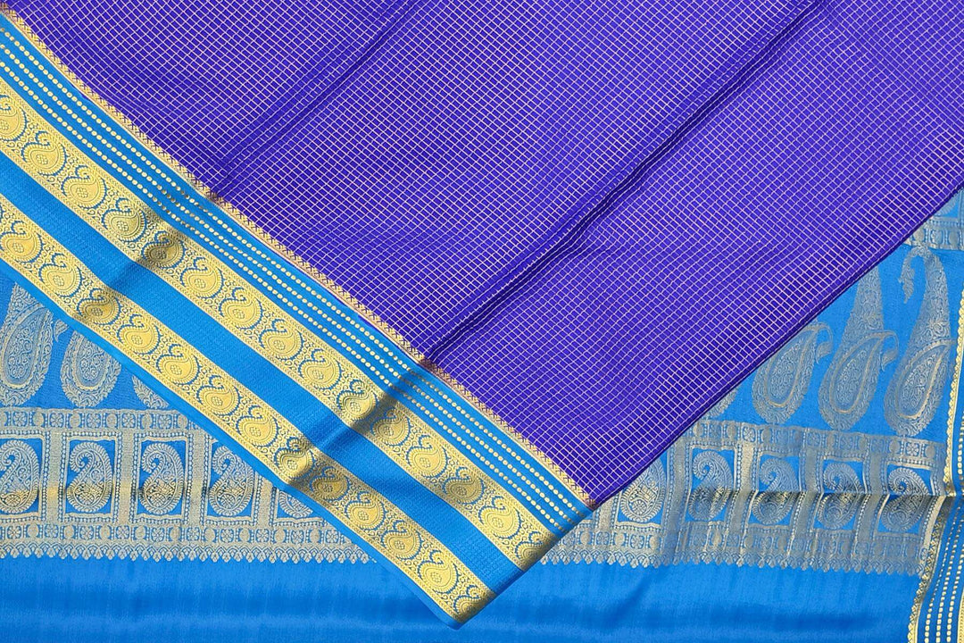 Mysore crepe pure silk saree in royal blue with small checks
