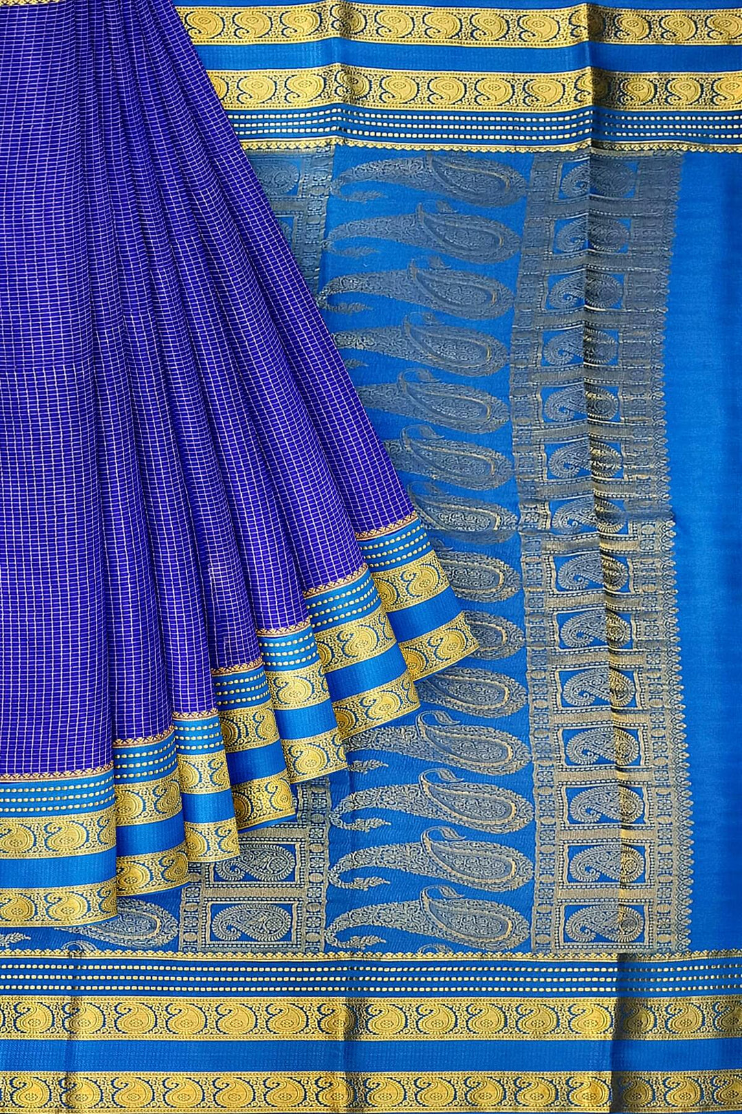 Mysore crepe pure silk saree in royal blue with small checks