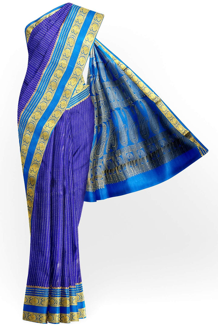 Mysore crepe pure silk saree in royal blue with small checks
