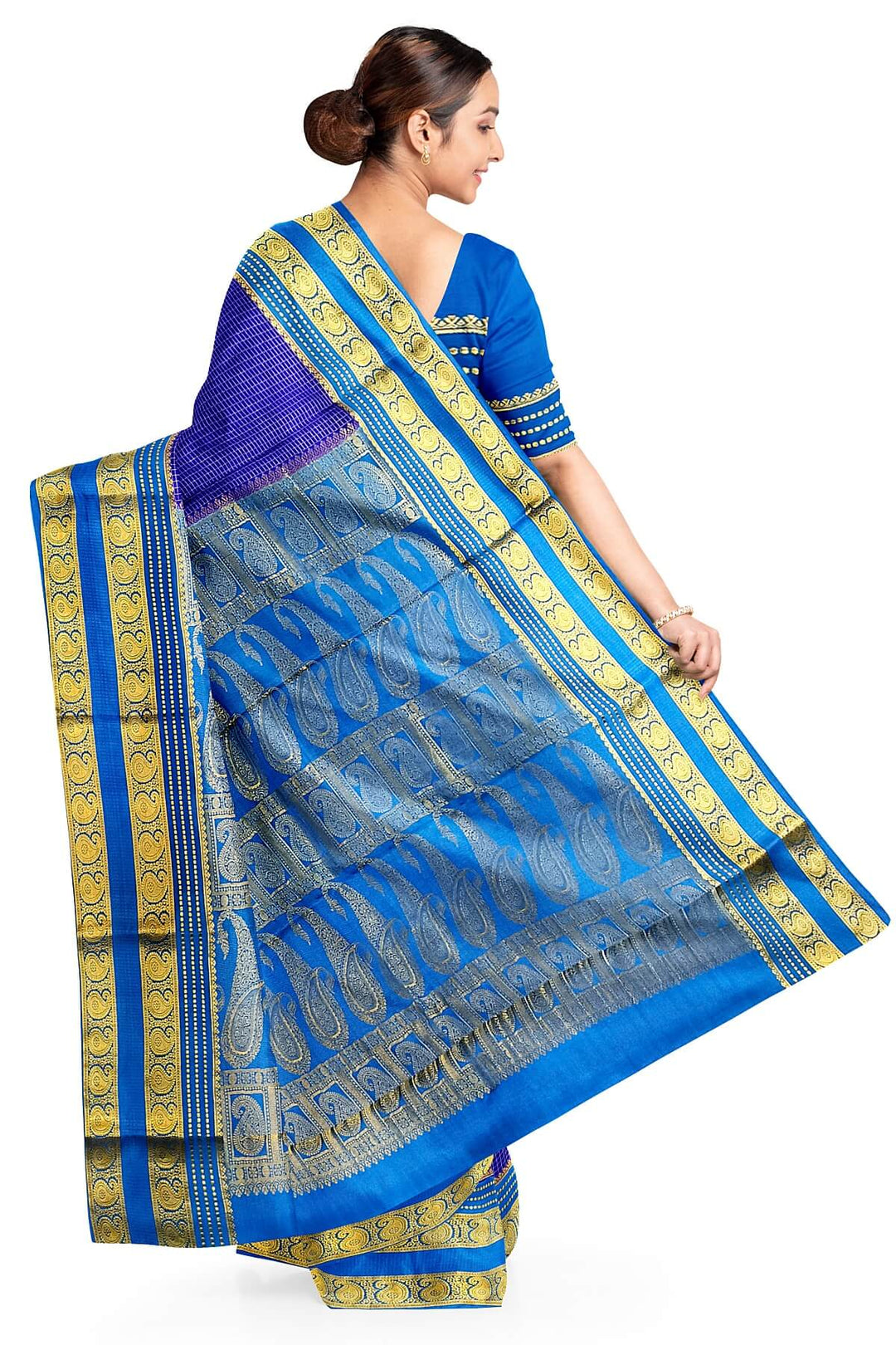 Mysore crepe pure silk saree in royal blue with small checks