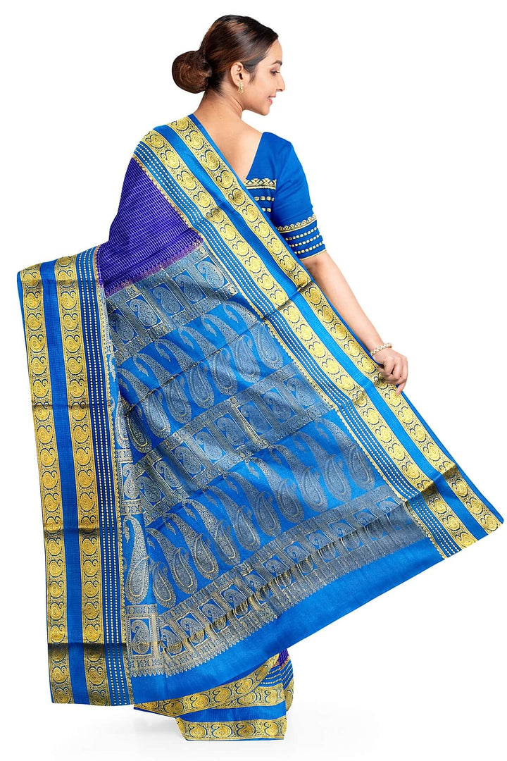 Mysore crepe pure silk saree in royal blue with small checks