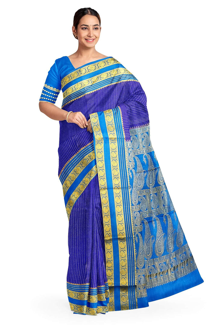 Mysore crepe pure silk saree in royal blue with small checks