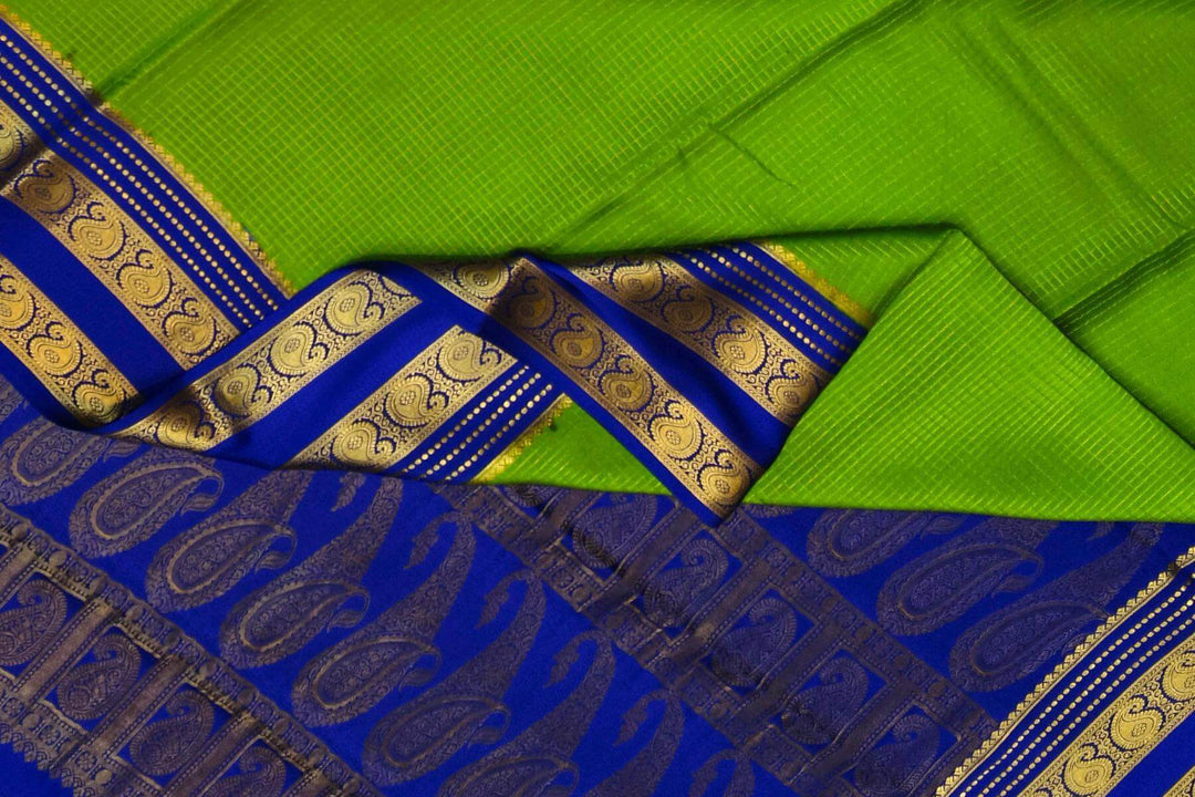 Mysore crepe pure silk saree in parrot green with small checks