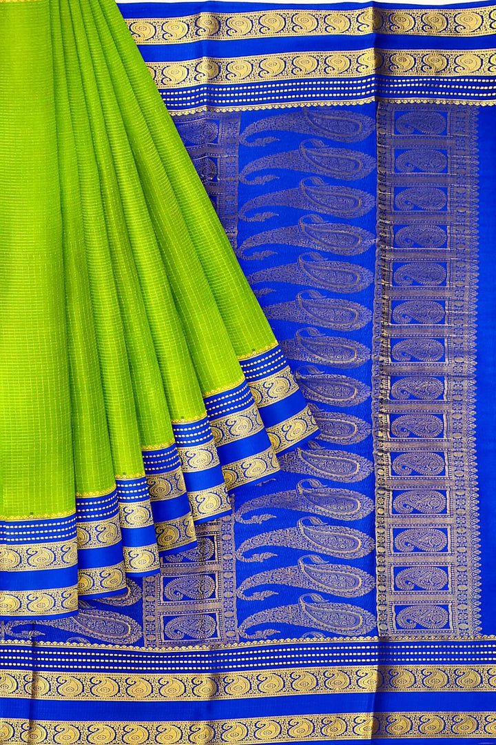 Mysore crepe pure silk saree in parrot green with small checks
