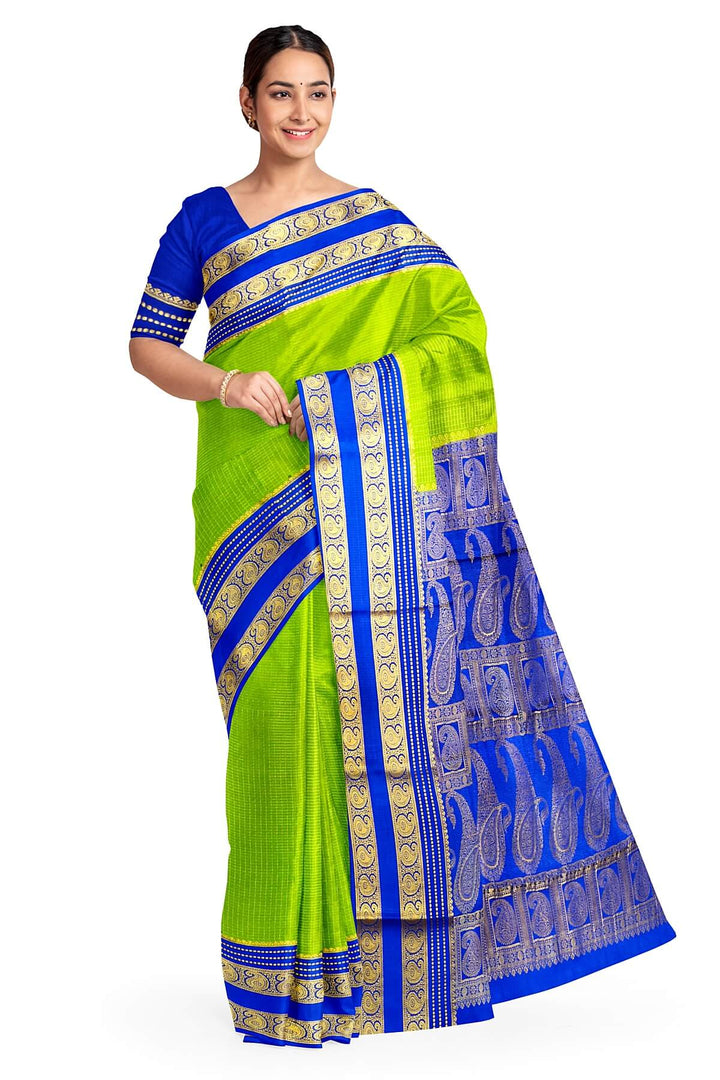 Mysore crepe pure silk saree in parrot green with small checks