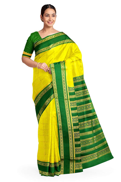 Mysore crepe pure silk saree in radium green with multi  checks