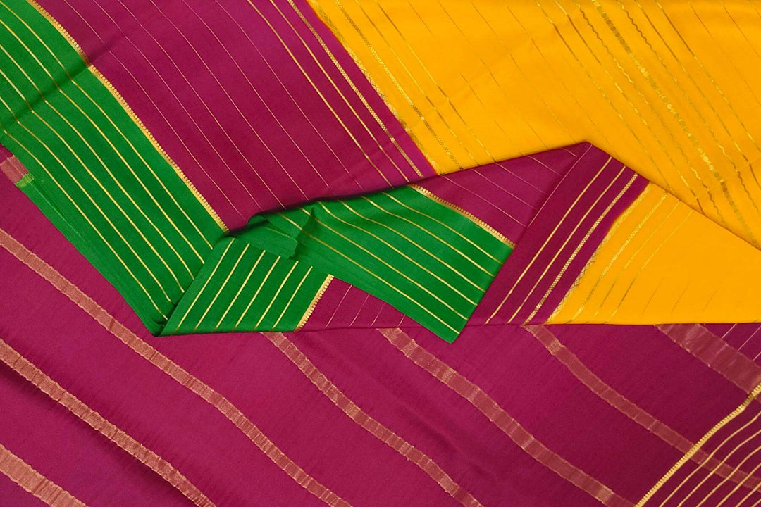 Mysore crepe pure silk saree in 3D ( green, purple & yellow)