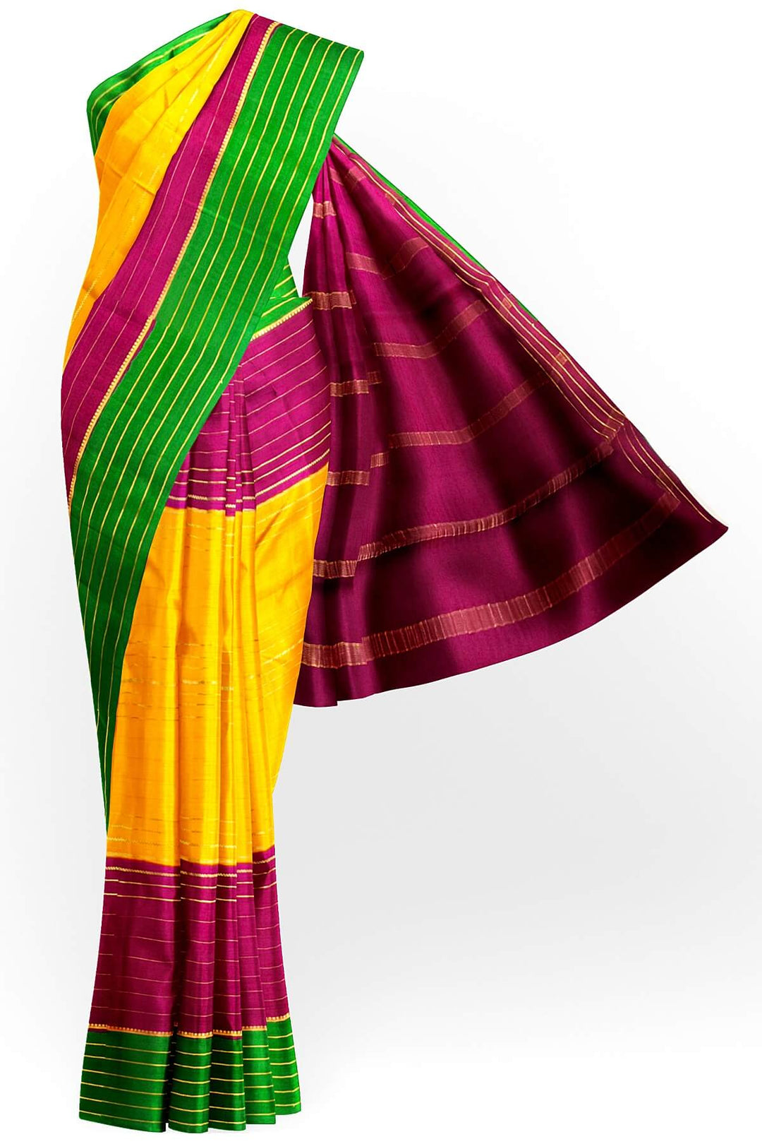 Mysore crepe pure silk saree in 3D ( green, purple & yellow)