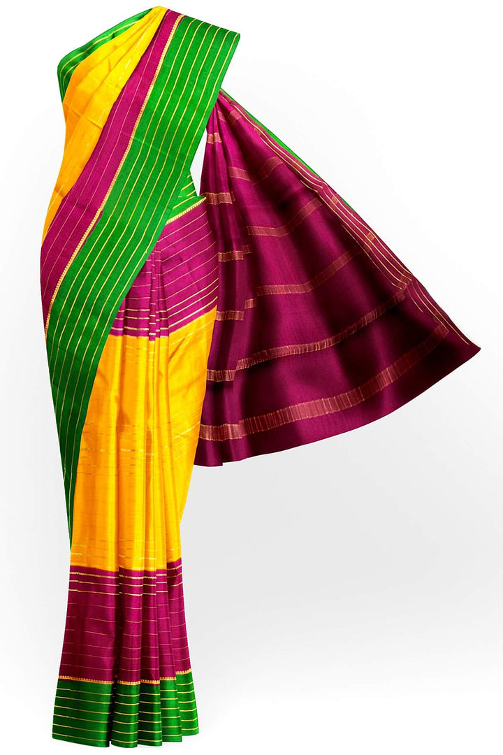 Mysore crepe pure silk saree in 3D ( green, purple & yellow)